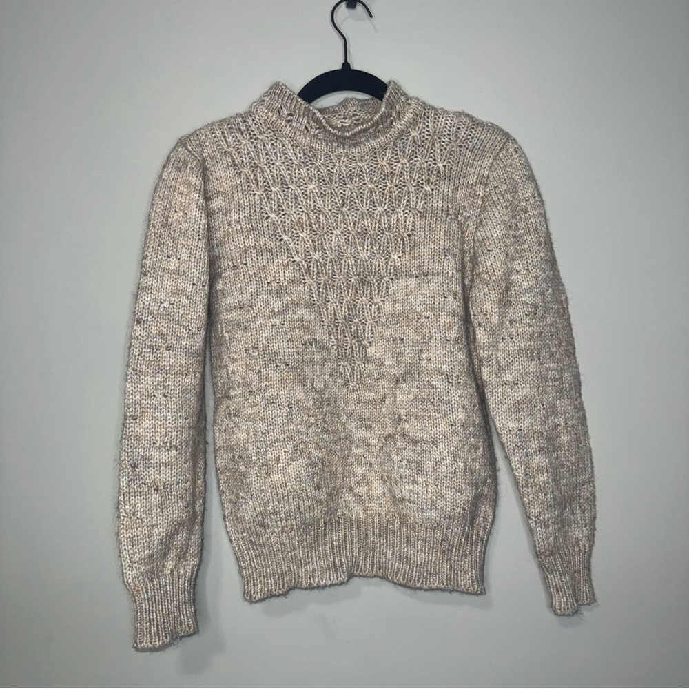 Exclusive Imports Vintage Wool Blend Mock‎ Neck Pointelle Knit Sweater Oatmeal M